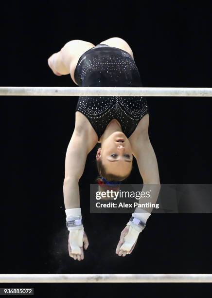 Amy Tinkler of Great Britain trains on the uneaven bars during day two of the 2018 Gymnastics World Cup at Arena Birmingham on March 22, 2018 in...