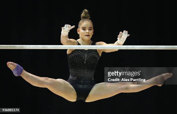 Alice Kinsella of Great Britain trains on the uneaven bars during day two of the 2018 Gymnastics World Cup at Arena Birmingham on March 22, 2018 in...
