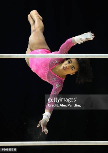 Margzetta Frazier of The United States trains on the uneaven bars during day two of the 2018 Gymnastics World Cup at Arena Birmingham on March 22,...