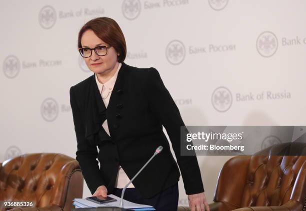 Elvira Nabiullina, governor of Russia's central bank, arrives for a news conference following an interest rate announcement in Moscow, Russia, on...