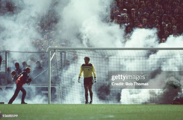 English goalkeeper Peter Shilton has his goal covered in smoke after fans dropped flares onto the pitch during the Denmark v England European...