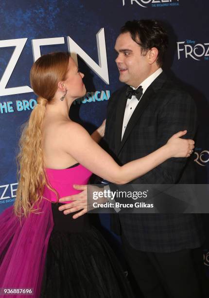 Patti Murin and Greg Hildreth at the opening night after party for Disney's new hit musical "Frozen" on Broadway at Terminal 5 on March 22, 2018 in...