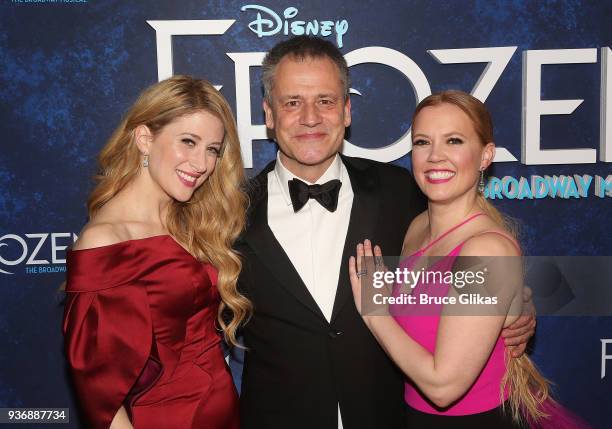 Caissie Levy, Director Michael Grandage and Patti Murin pose at the opening night after party for Disney's new hit musical "Frozen" on Broadway at...