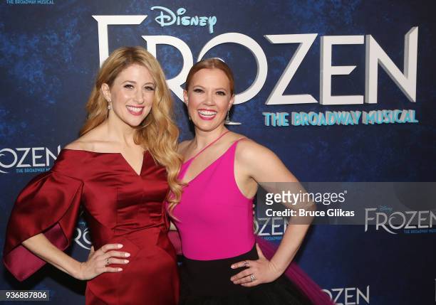 Caissie Levy and Patti Murin pose at the opening night after party for Disney's new hit musical "Frozen" on Broadway at Terminal 5 on March 22, 2018...