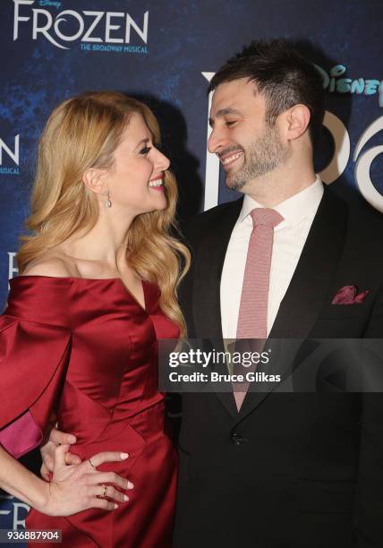 Caissie Levy and husband David Reiser pose at the opening night after party for Disney's new hit musical "Frozen" on Broadway at Terminal 5 on March...