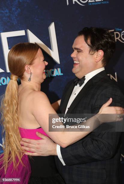 Patti Murin and Greg Hildreth at the opening night after party for Disney's new hit musical "Frozen" on Broadway at Terminal 5 on March 22, 2018 in...