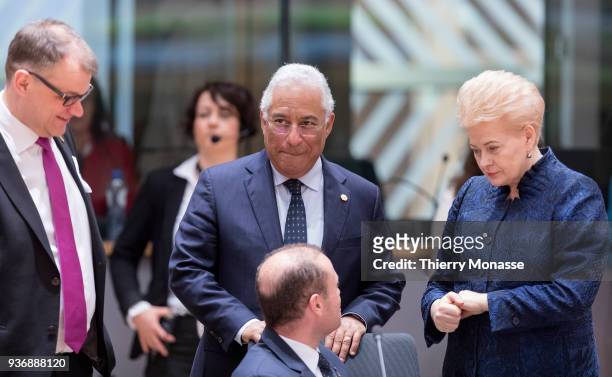 From Left: Finish Prime Minister Juha Sipila is talking with the Portugese Prime Minister Antonio Costa, the Lithuanian President Dalia Grybauskaite...