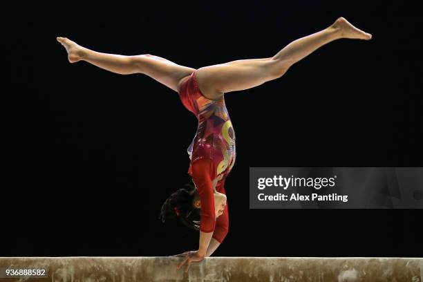 Hitomi Hatekeda of Japan competes on the beam during day two of the 2018 Gymnastics World Cup at Arena Birmingham on March 22, 2018 in Birmingham,...