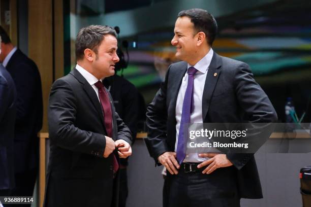 Xavier Bettel, Luxembourg's prime minister, left, speaks with Leo Varadkar, Ireland's prime minister, ahead of roundtable discussions during a summit...