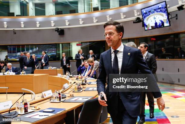 Mark Rutte, Netherland's prime minister, arrives ahead of roundtable discussions during a summit of European Union leaders in the Europa Building in...