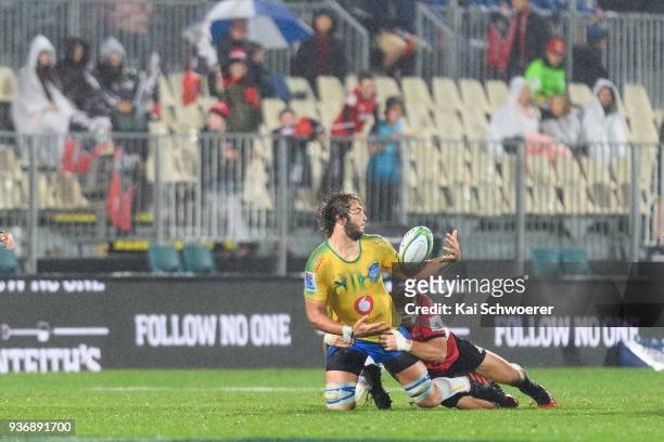 Lood de Jager of the Bulls offloads the ball during the round six Super Rugby match between the Crusaders and the Bulls on March 23, 2018 in...