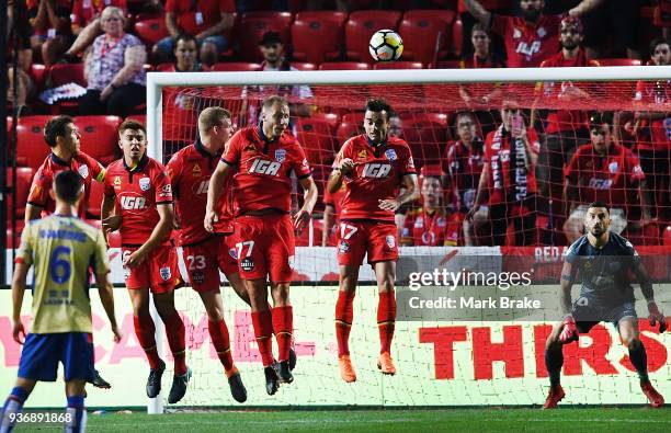 Adelaide United wall defend a free kick during the round 24 A-League match between Adelaide United and the Newcastle Jets at Coopers Stadium on March...