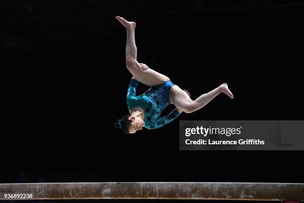 Hannah Chrobok of Canada trains on the beam during day two of the 2018 Gymnastics World Cup at Arena Birmingham on March 22, 2018 in Birmingham,...