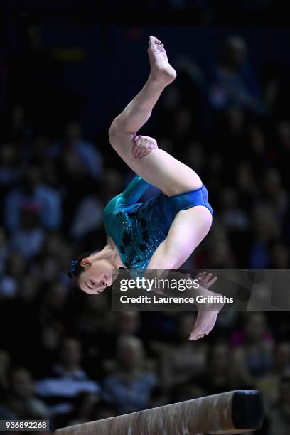 Hannah Chrobok of Canada competes on the beam during day two of the 2018 Gymnastics World Cup at Arena Birmingham on March 22, 2018 in Birmingham,...