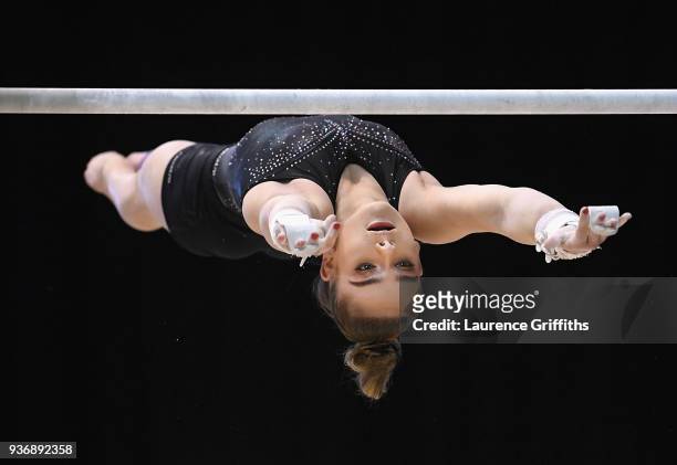 Alice Kinsella of Great Britain trains on the uneaven bars during day two of the 2018 Gymnastics World Cup at Arena Birmingham on March 22, 2018 in...