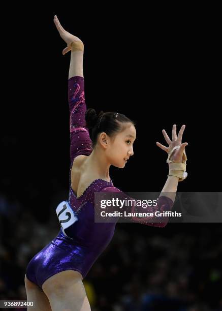 Jieyu Liu of China competes on the floor during day two of the 2018 Gymnastics World Cup at Arena Birmingham on March 22, 2018 in Birmingham, England.