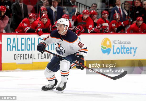 Yohann Auvitu of the Edmonton Oilers skates for position on the ice during an NHL game against the Carolina Hurricanes on March 20, 2018 at PNC Arena...