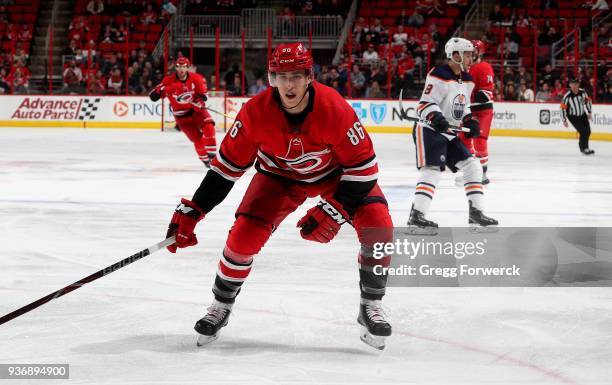 Teuvo Teravainen of the Carolina Hurricanes skates for position on the ice during an NHL game against the Edmonton Oilers on March 20, 2018 at PNC...