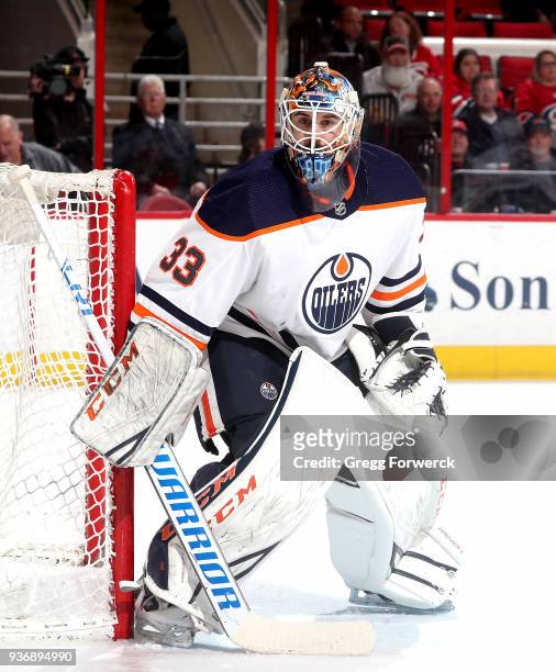 Cam Talbot of the Edmonton Oilers stands tall near the crease to protect the net during an NHL game against the Carolina Hurricanes on March 20, 2018...