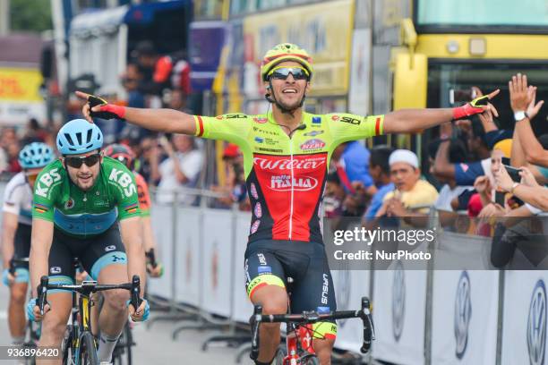 Luca Pacioni from Wilier Triestina-Selle Italia Team celebrates as he wins the sixth stage, the 108.5km from Tapah to Tanjung Malim, of the 2018 Le...