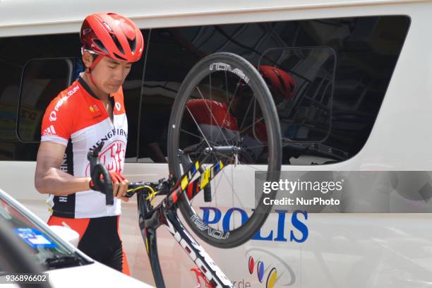 Zheng Zhang from Hengxiang Team seen before the start to the sixth stage, the 108.5km from Tapah to Tanjung Malim, of the 2018 Le Tour de Langkawi....