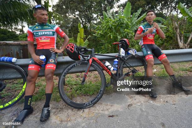 Members of 7 Eleven-Cliqq Roadbike Philippines at the finish line of the sixth stage, the 108.5km from Tapah to Tanjung Malim, of the 2018 Le Tour de...