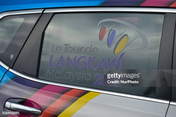 Le Tour de Langkawi logo seen on a car's window ahead the sixth stage, the 108.5km from Tapah to Tanjung Malim, of the 2018 Le Tour de Langkawi. On...