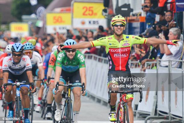 Luca Pacioni from Wilier Triestina-Selle Italia Team celebrates as he wins the sixth stage, the 108.5km from Tapah to Tanjung Malim, of the 2018 Le...