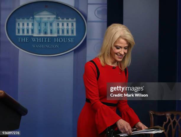 White House counselor Kellyanne Conway finishes an interview with CNN, in the briefing Room at the White House on March 23, 2018 in Washington, DC.