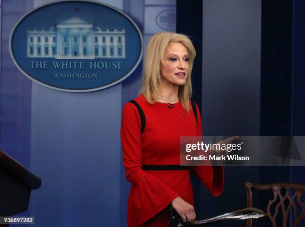 White House counselor Kellyanne Conway speaks during an interview with CNN, in the briefing Room at the White House on March 23, 2018 in Washington,...