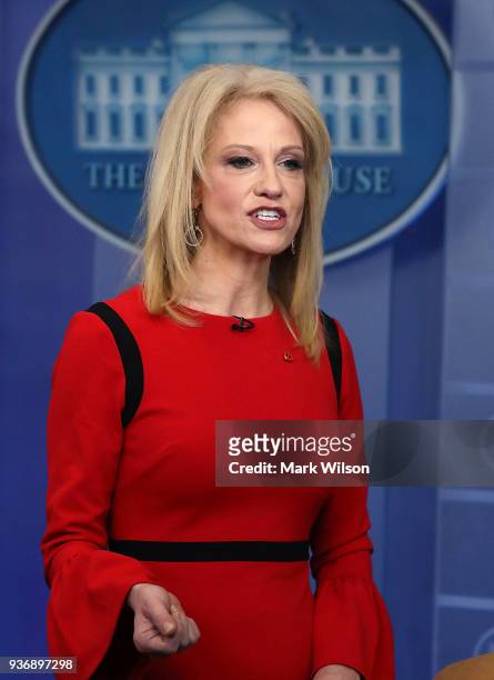 White House counselor Kellyanne Conway speaks during an interview with CNN, in the briefing Room at the White House on March 23, 2018 in Washington,...