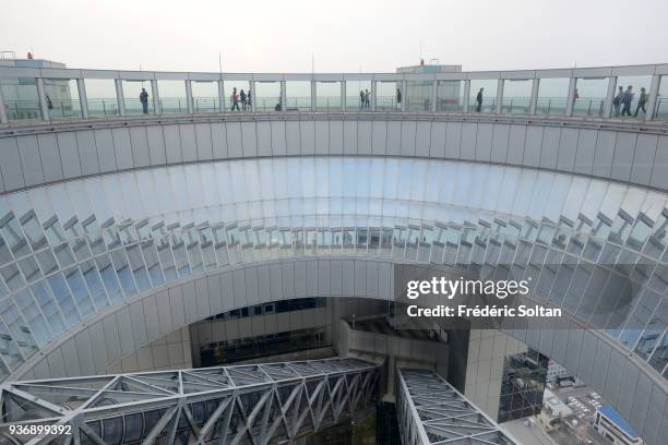 Aerial view of Osaka. The circular terrace of the Umeda Sky Building on March 28, 2015 in Osaka, Japan.