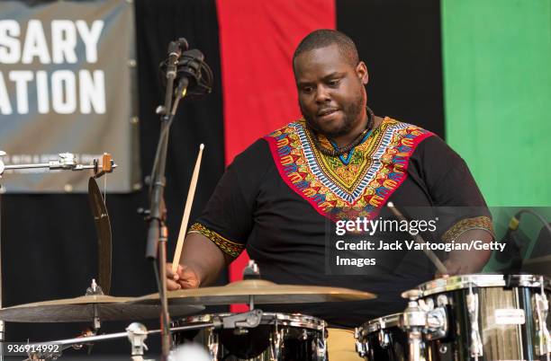 American Jazz musician Johnathan Blake plays drums as he performs with the Charenee Wade Quintet at the third of four concerts in the 25th Annual...
