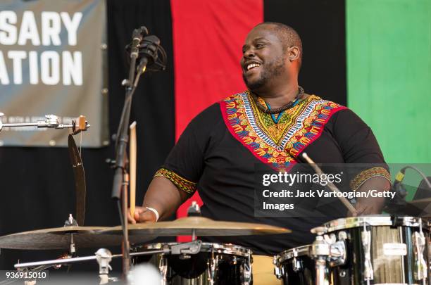 American Jazz musician Johnathan Blake plays drums as he performs with the Charenee Wade Quintet at the third of four concerts in the 25th Annual...