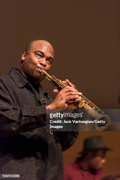 American Jazz composer and musician James Carter plays soprano saxophone as he leads his band, Elektrik Outlet, during the 2018 NYC Winter JazzFest...