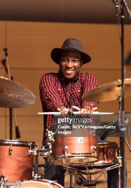 American Jazz musician Alex White plays drums as he performs with the band James Carter's Elektrik Outlet during the 2018 NYC Winter JazzFest at the...