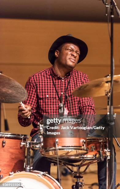 American Jazz musician Alex White plays drums as he performs with the band James Carter's Elektrik Outlet during the 2018 NYC Winter JazzFest at the...