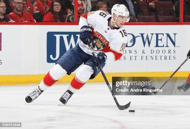 Aleksander Barkov of the Florida Panthers skates against the Ottawa Senators at Canadian Tire Centre on March 20, 2018 in Ottawa, Ontario, Canada.