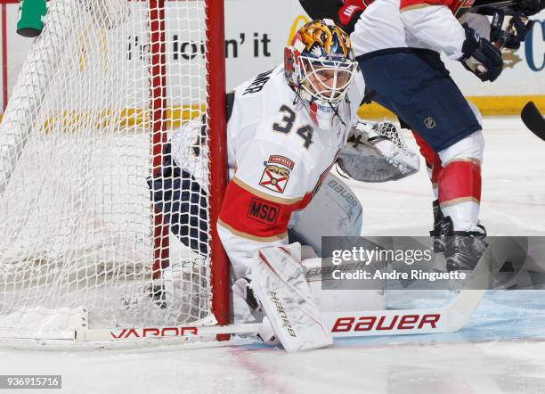 James Reimer of the Florida Panthers tends net against the Ottawa Senators at Canadian Tire Centre on March 20, 2018 in Ottawa, Ontario, Canada.