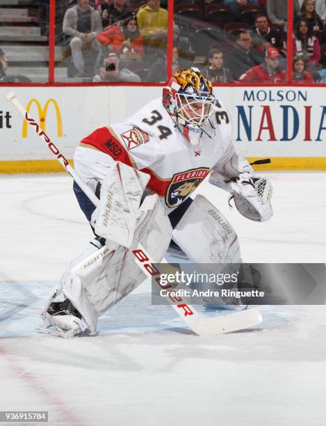 James Reimer of the Florida Panthers tends net against the Ottawa Senators at Canadian Tire Centre on March 20, 2018 in Ottawa, Ontario, Canada.