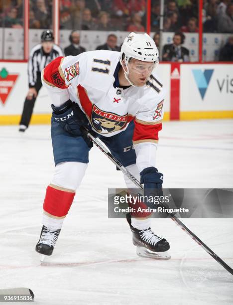 Jonathan Huberdeau of the Florida Panthers skates against the Ottawa Senators at Canadian Tire Centre on March 20, 2018 in Ottawa, Ontario, Canada.