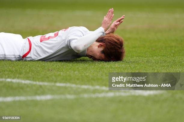 Yuya Osako of Japan reacts after missing a chance to score during the International friendly match between Japan and Mali at the Stade de Sclessin on...