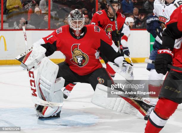 Mike Condon of the Ottawa Senators tends net against the Florida Panthers at Canadian Tire Centre on March 20, 2018 in Ottawa, Ontario, Canada.
