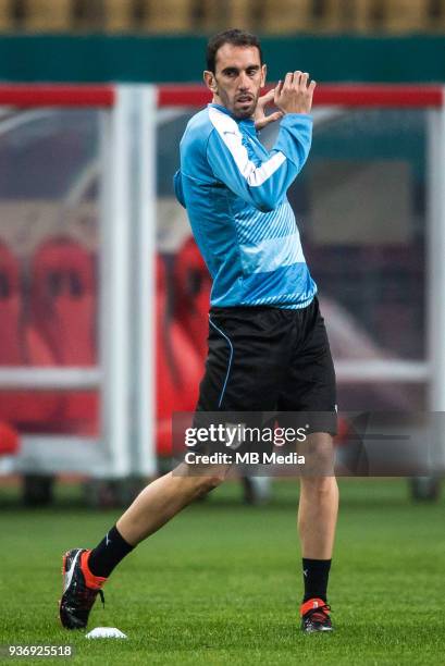 Diego Godin of Uruguay national football team takes part in a training session before the semi-final match against Czech Republic during the 2018...