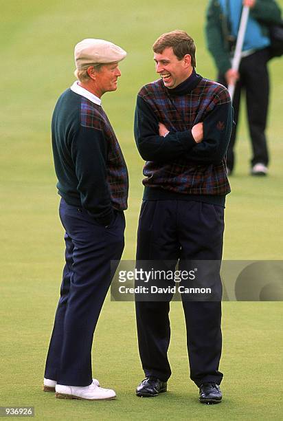Jack Nicklaus of the USA shares a joke with Prince Andrew during the Monarchs Challenge at Gleneagles GC in Perthshire, Scotland. \ Mandatory Credit:...