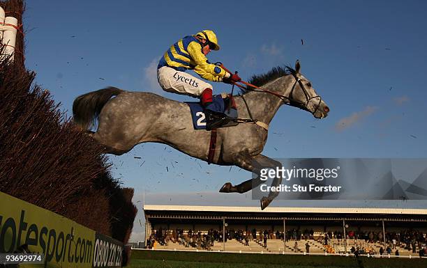 Bakbenscher ridden by Robert Thornton clears a fence on its way to winning the Weatherbys Bloodstock Insurance beginners Steeplechase at Wincanton...