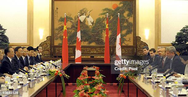 Canada's Prime Minister Stephen Harper and Chinese Prime Minister Wen Jiabao attend a bilateral meeting at the Great Hall of the People in Beijing on...