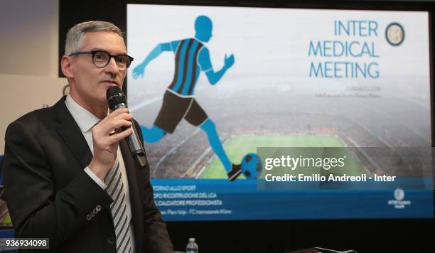 Of FC Internazionale Milano Alessandro Antonello delivers a speech during FC Internazionale Medical Meeting on March 23, 2018 in Milan, Italy.