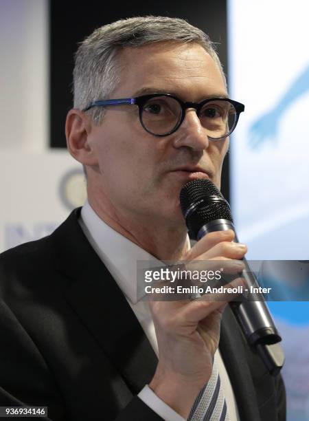 Of FC Internazionale Milano Alessandro Antonello delivers a speech during FC Internazionale Medical Meeting on March 23, 2018 in Milan, Italy.