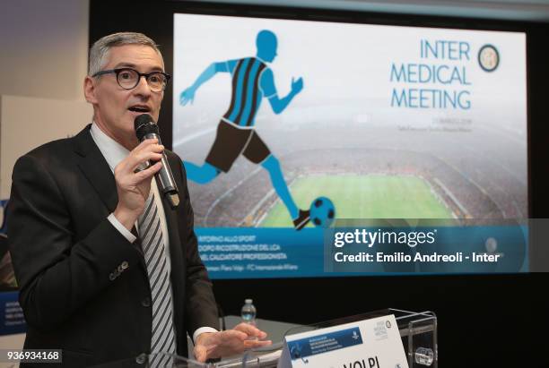 Of FC Internazionale Milano Alessandro Antonello delivers a speech during FC Internazionale Medical Meeting on March 23, 2018 in Milan, Italy.